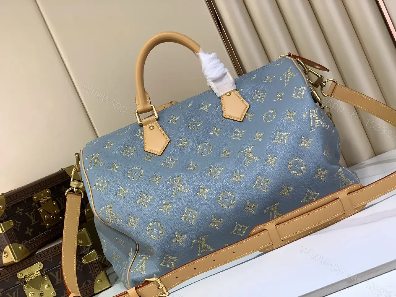 View 6 of Blue Canvas Monogram Duffel Bag, Structured Travel Weekender, Leather Trim