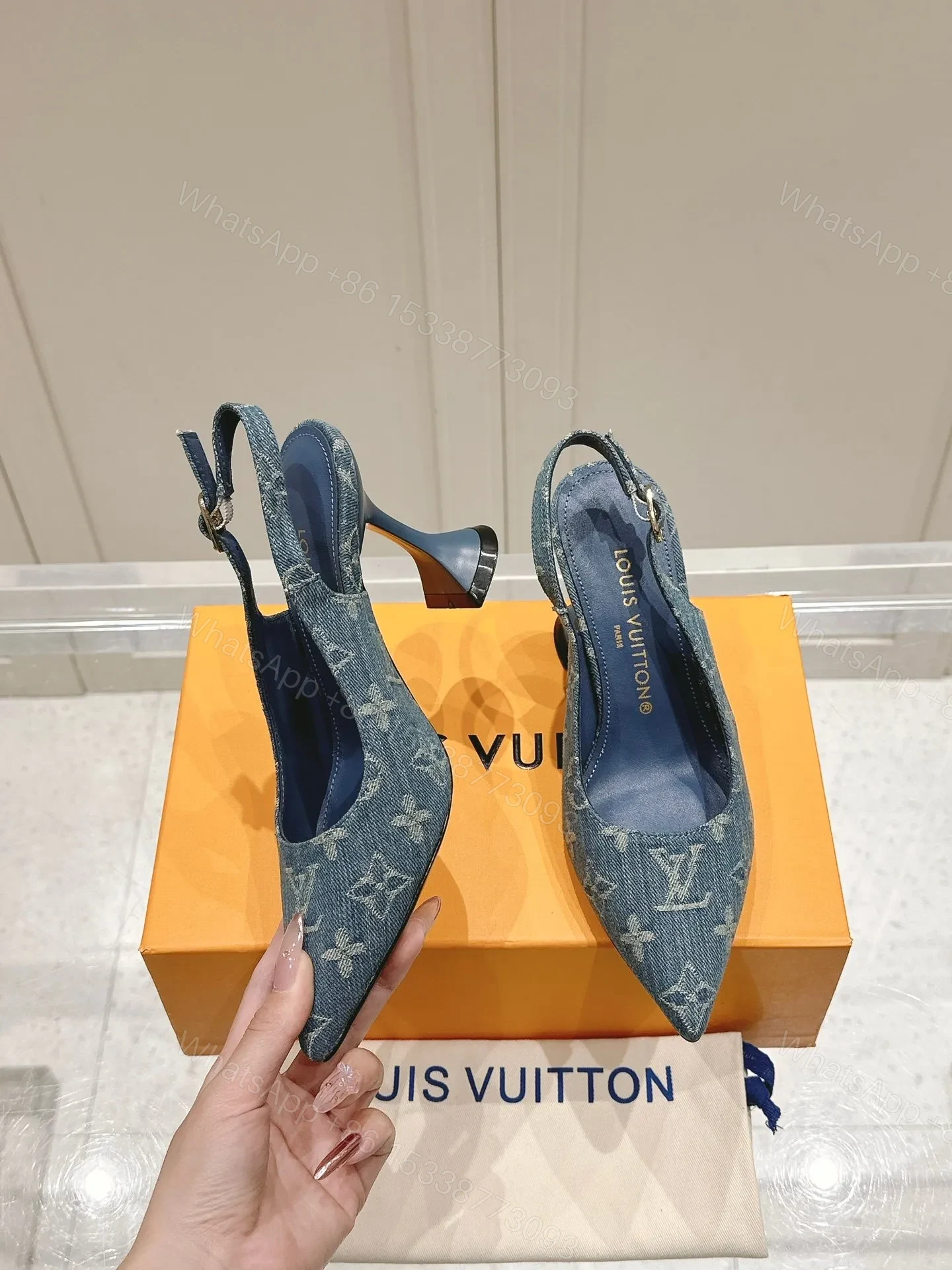 View 3 of LV Women Blue Denim Leather Trim Slingback Heels