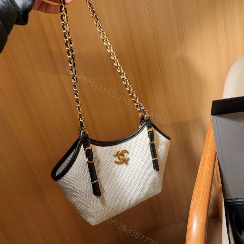 View 4 of Chanel Small Shopping Bag Braided Raffia White And Black 18Cm