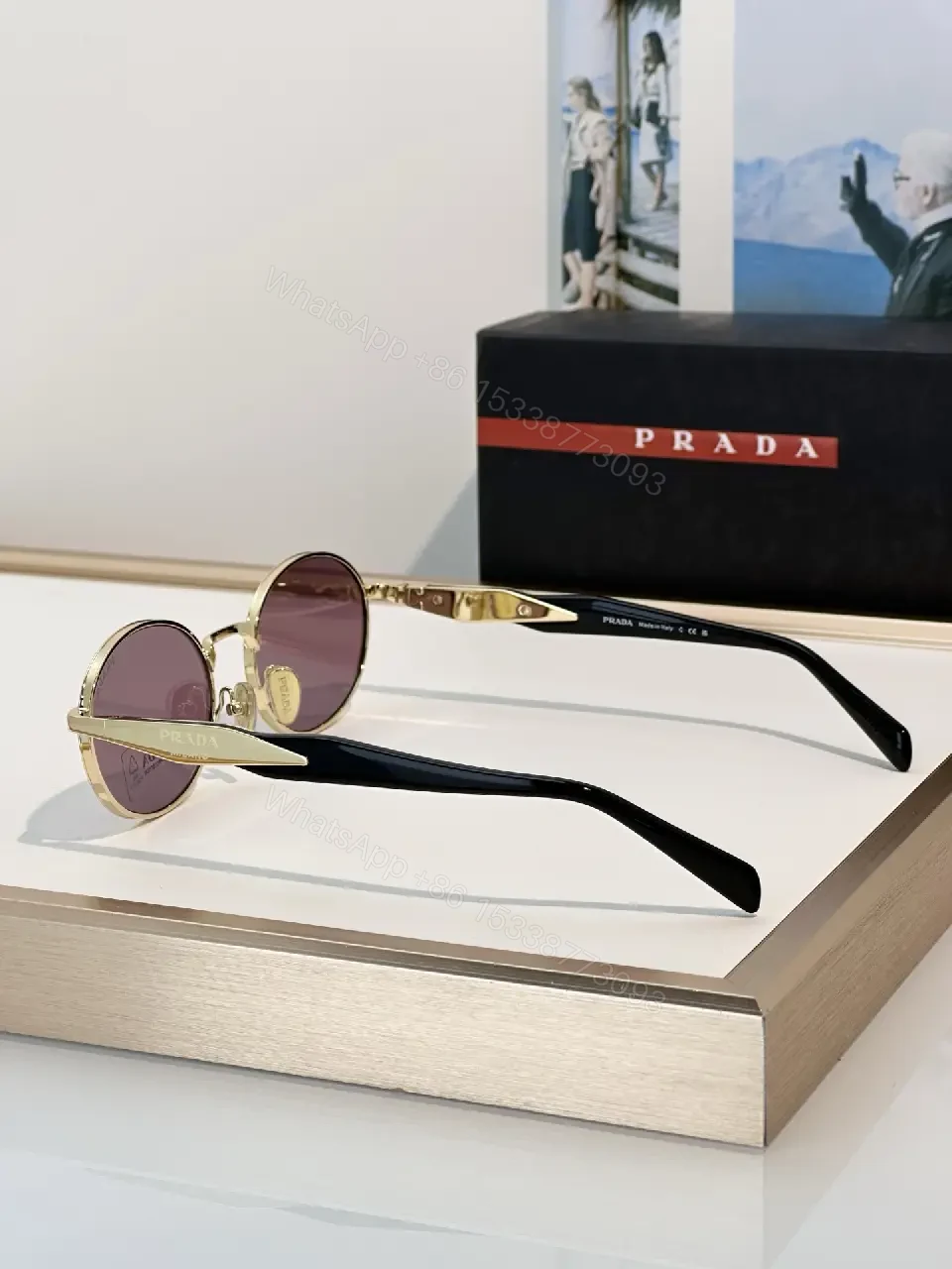 View 7 of Dark Green Lens Slim Rim Sunglasses with Gold Metal Frame