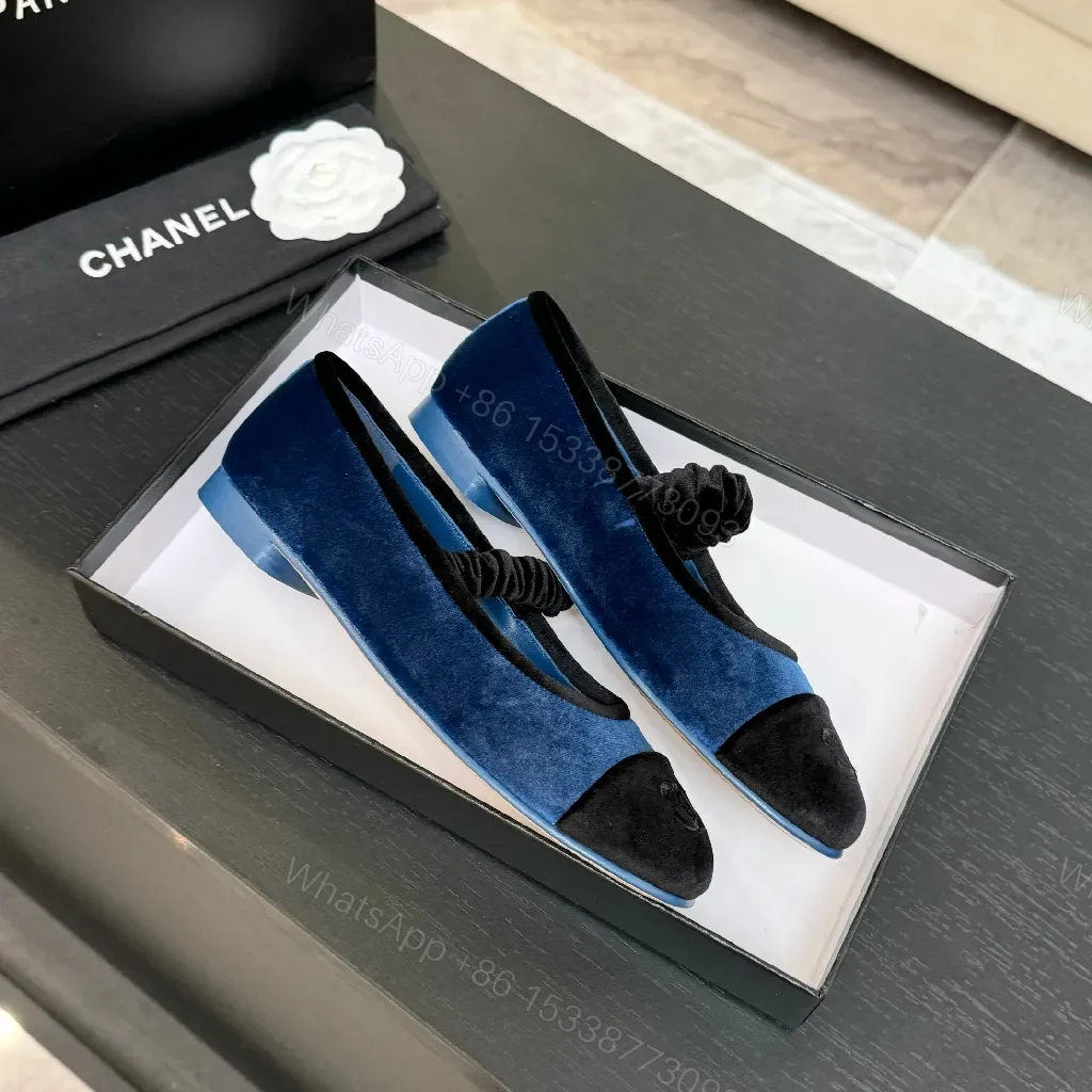 View 9 of Blue Velvet Ballet Flats with Black Cap-Toe Detail