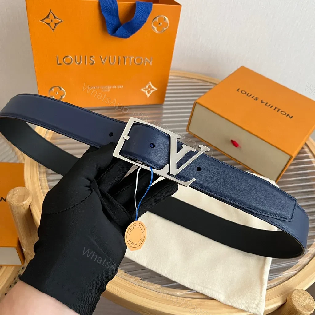 View 3 of Blue Leather Belt with LV Buckle – Modern, All-Day Polish