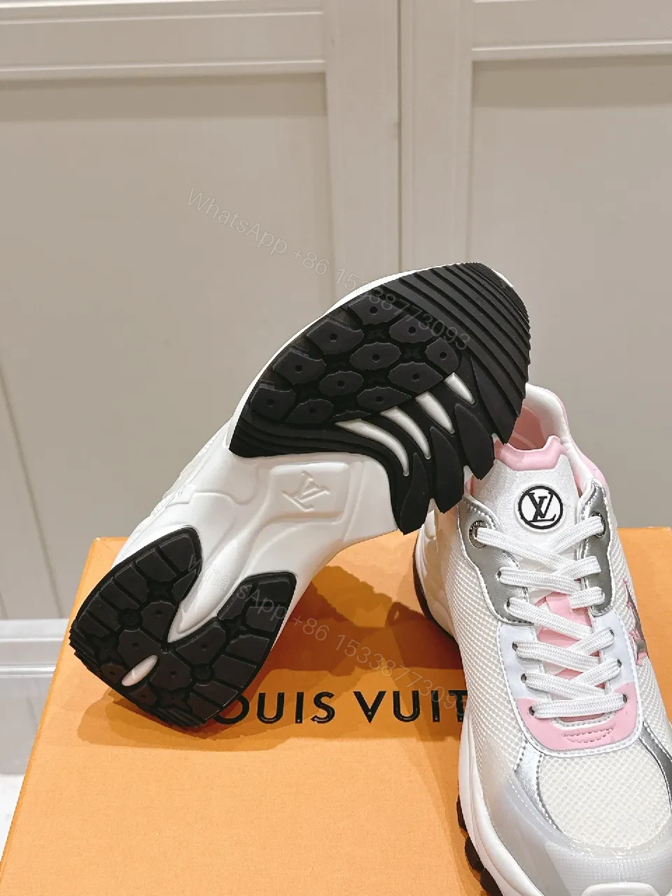 View 3 of White Pink Luxe Sneakers with LV-Style Detailing