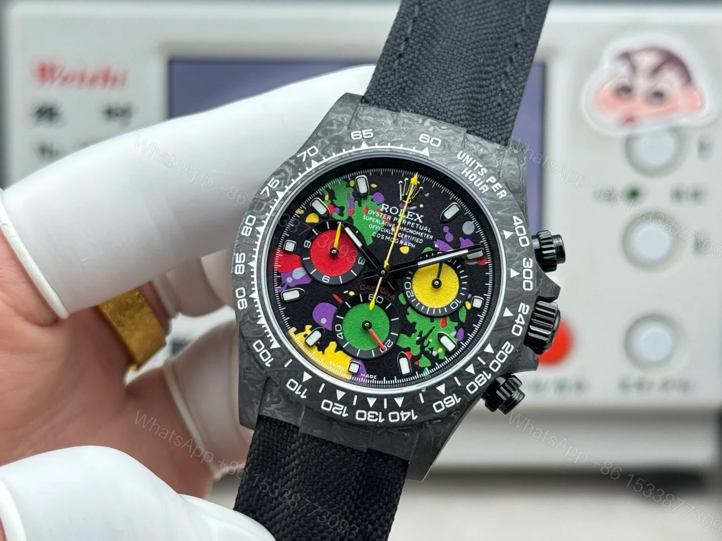 View 3 of Rolex Daytona Carbon Fiber Graffiti Replica 40MM Premium Black Fabric Strap R74-GRAFFITI