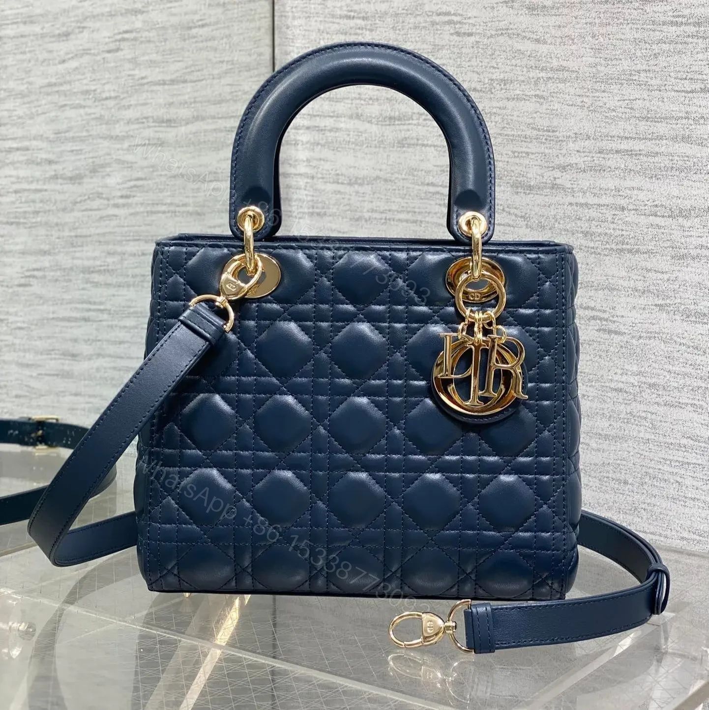 DIOR MEDIUM LADY BAG 24 IN DEEP OCEAN BLUE GOLD HARDWARE — view 1