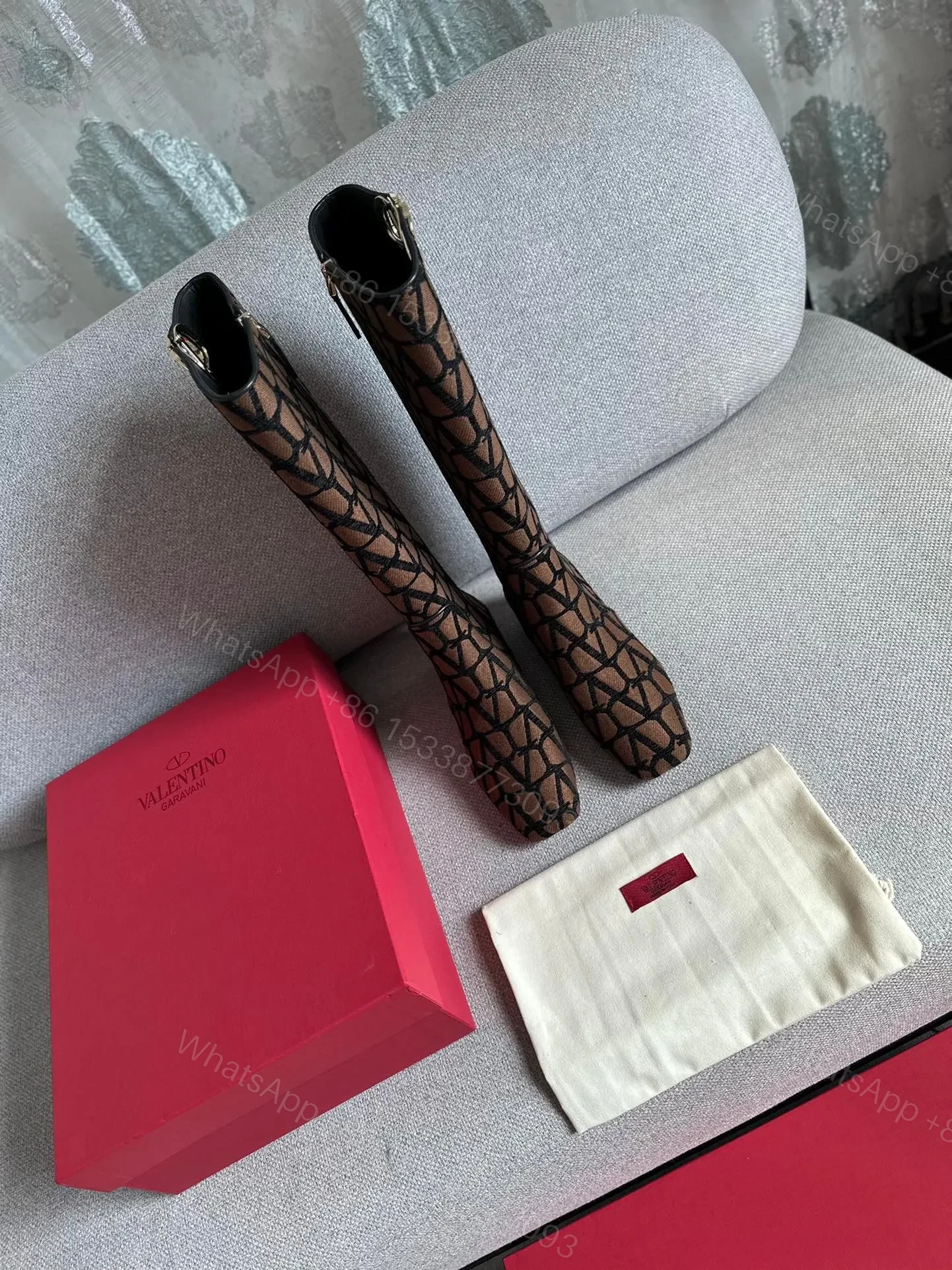 View 3 of Valentino Women Brown Patterned Fabric Boots