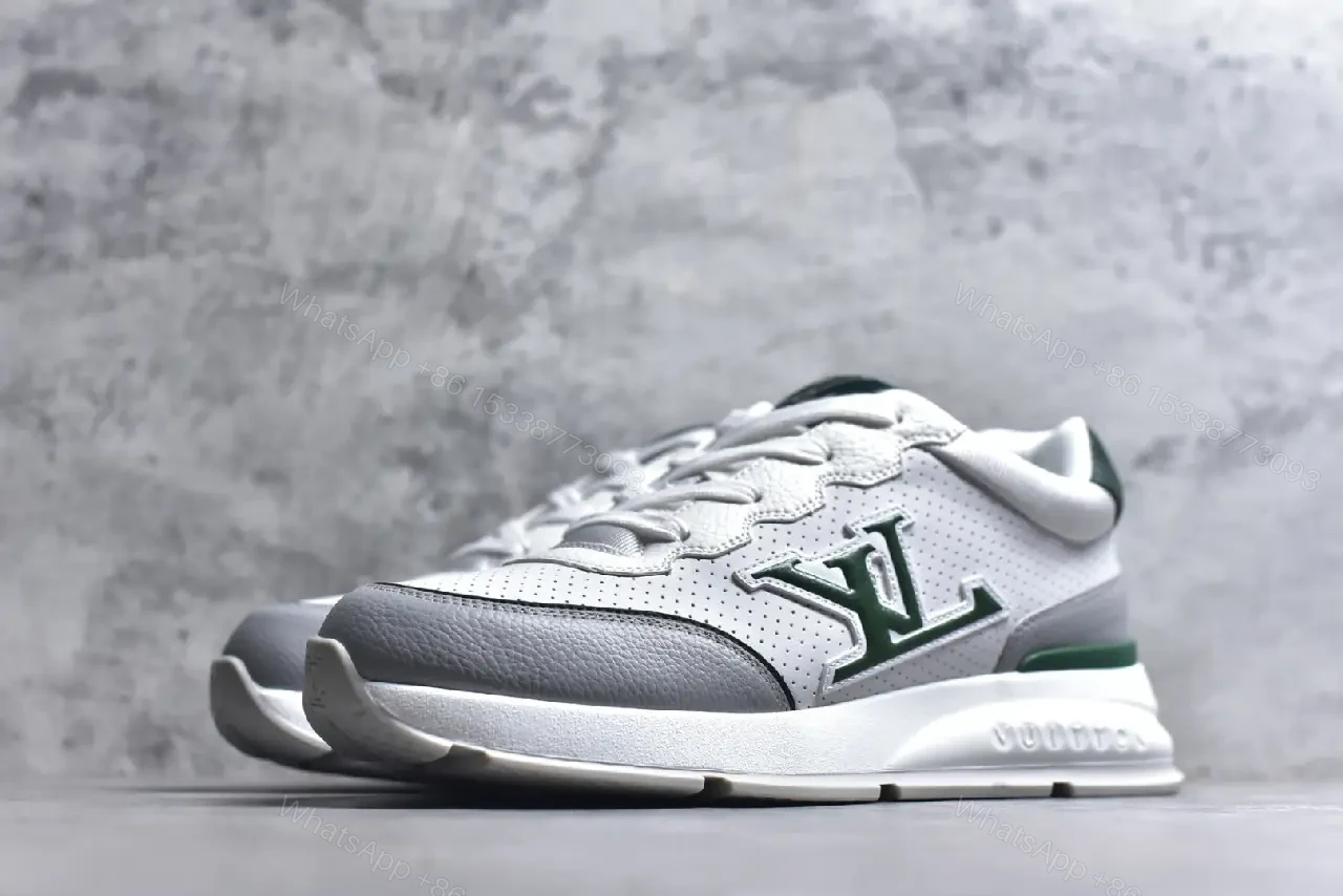 View 6 of Modern Knit-Sneaker in Grey Leather with Green Accents, Comfortable Everyday Luxury