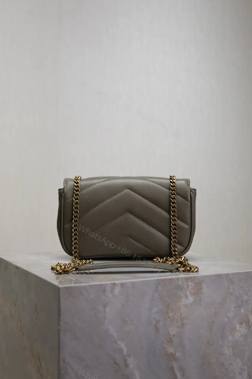 View 3 of Taupe Grained Leather Quilted Shoulder Bag with Gold Hardware