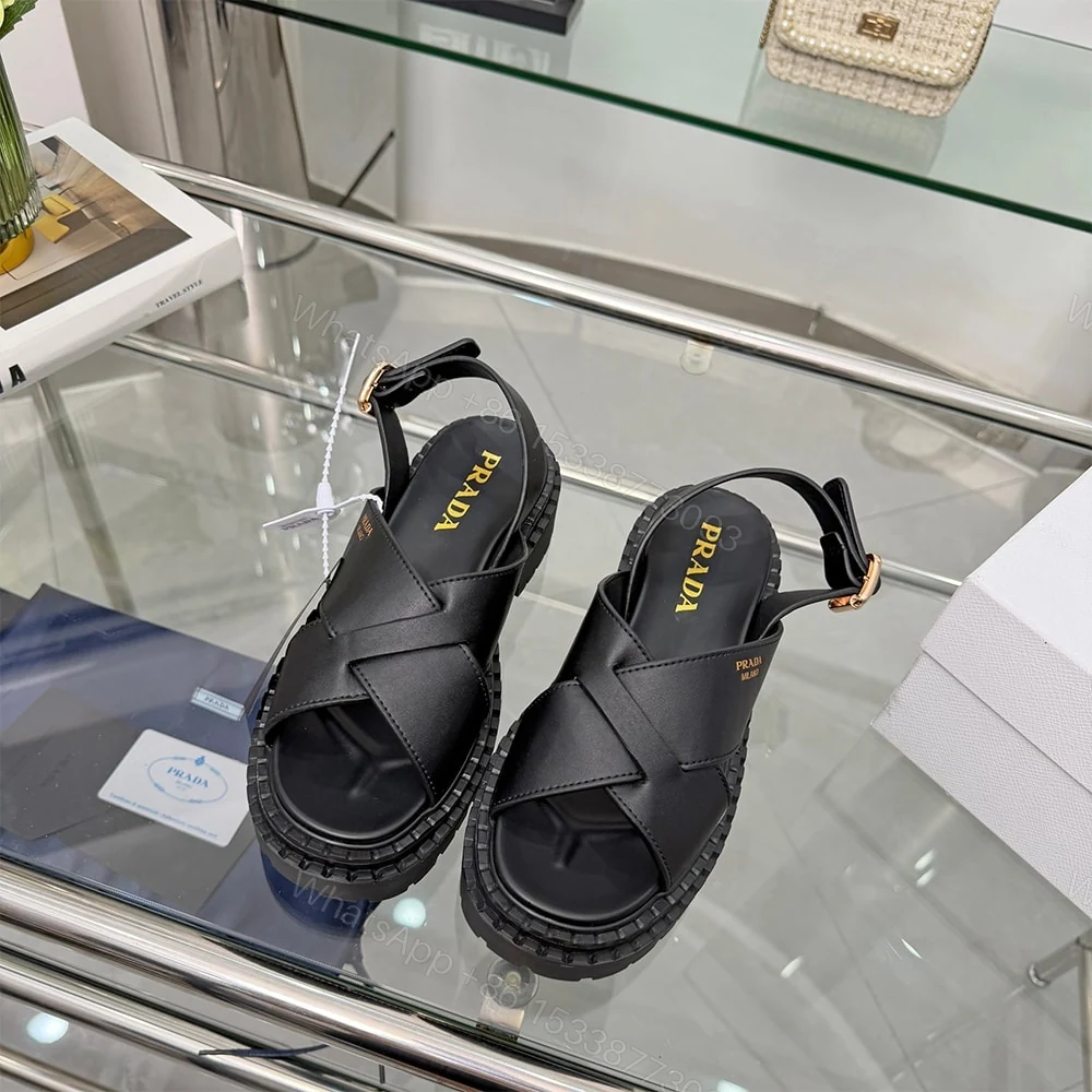 View 4 of PRADA Crisscross Leather Sandals 914970