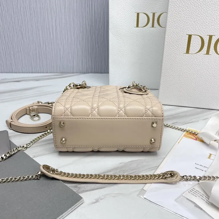 View 9 of Beige Vegan Leather Quilted Handbag with Dior Charm