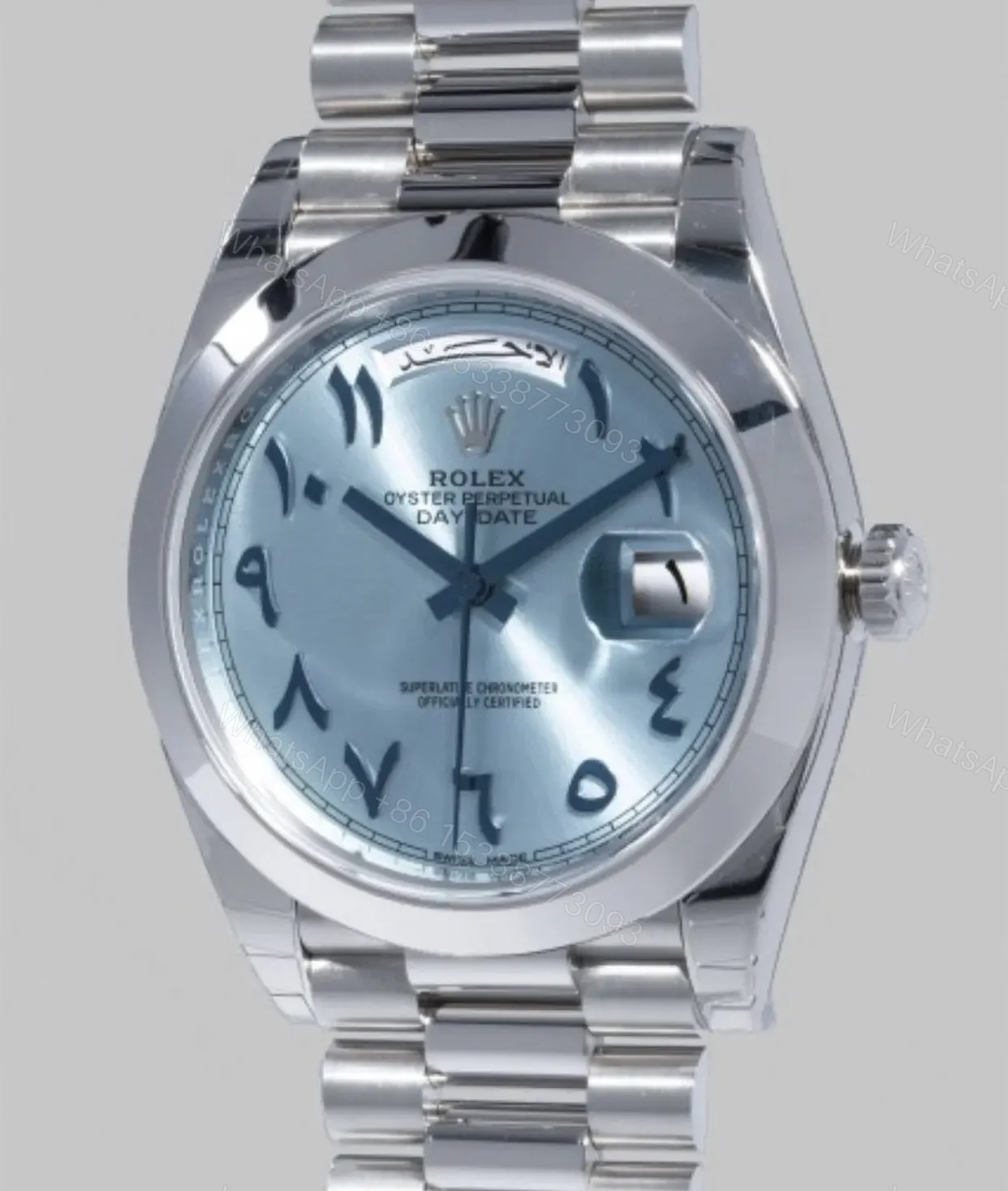 View 2 of Swiss Clone Replica Rolex Day Date Ice Blue Arabic Dial Platinum