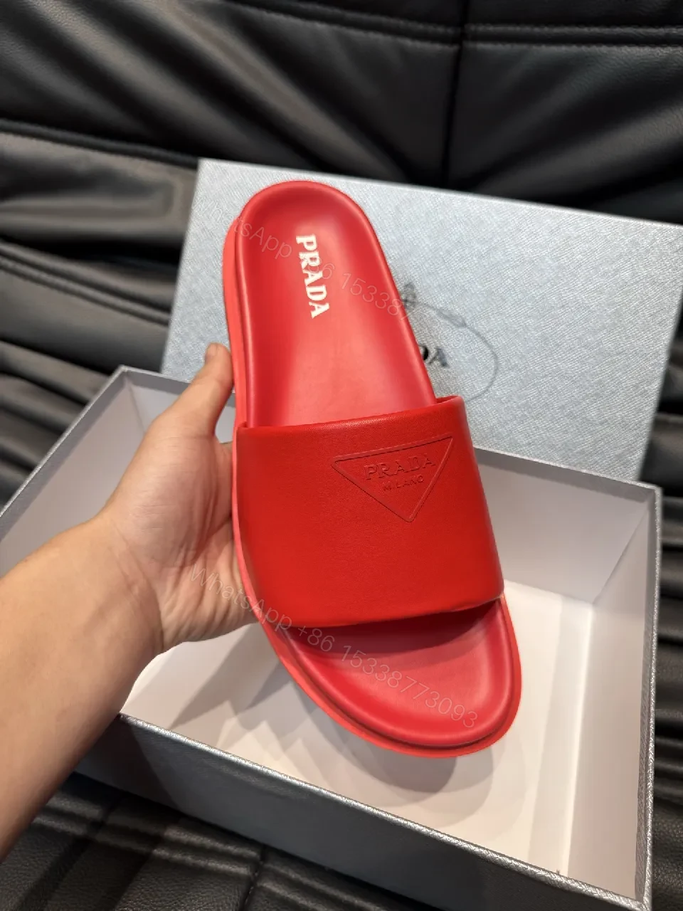 View 2 of Red Leather Minimalist Slides with Comfort-First Footbed