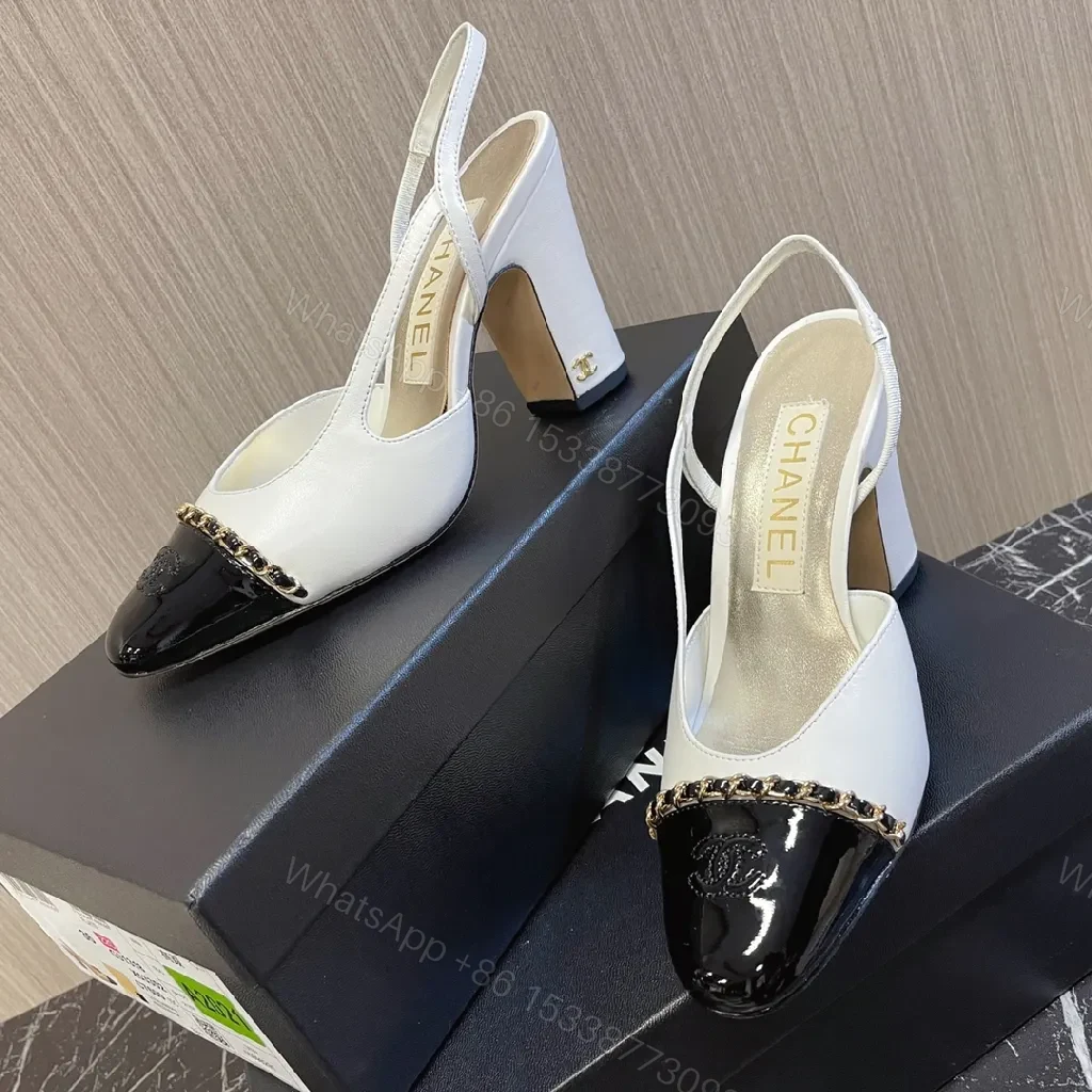 View 6 of Textured Leather Sling-Back Pumps with Chain Detailing