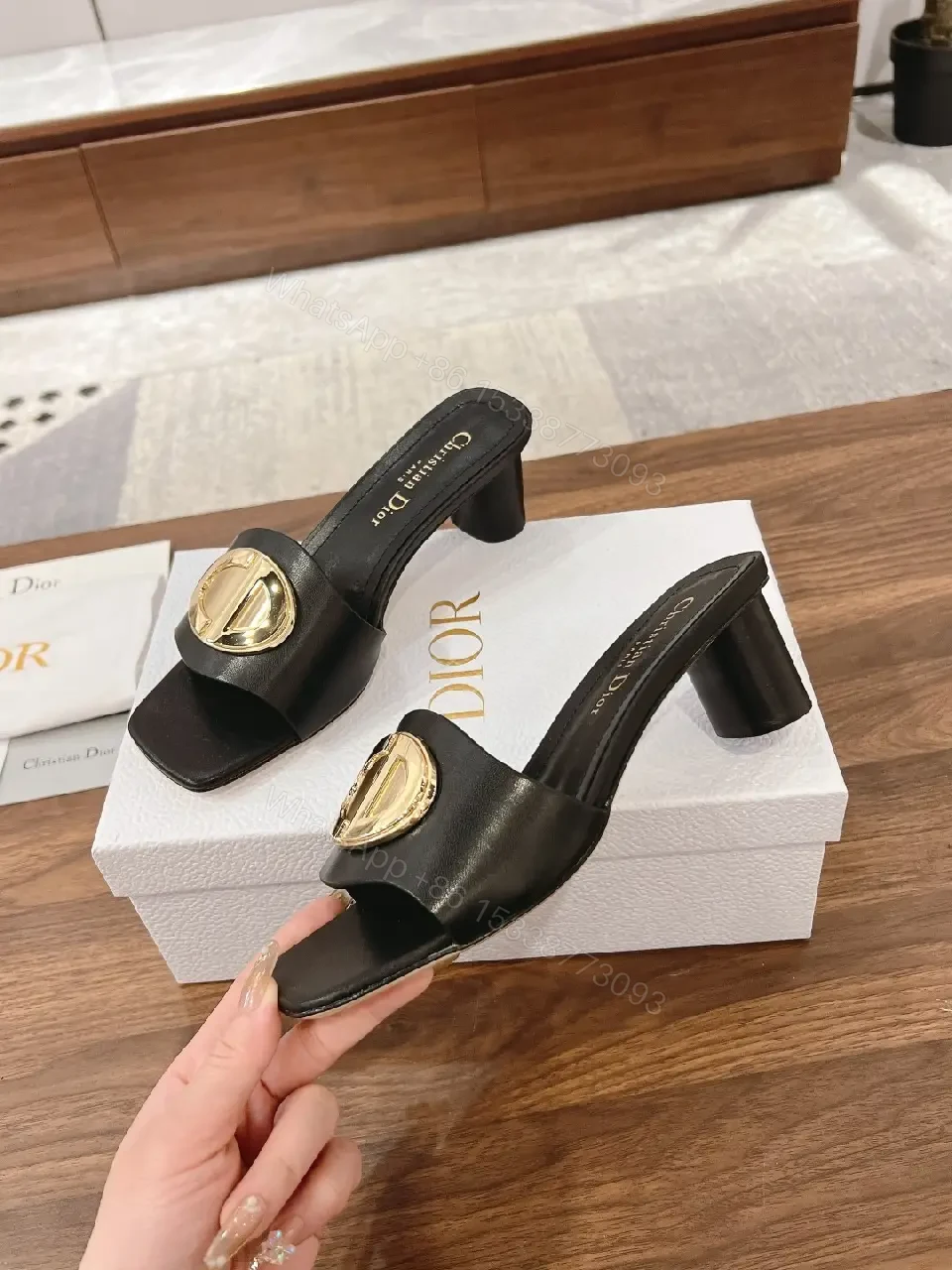 View 3 of Black Leather Sandals with Gold Logo Buckle, Dior Style, Slide Sandals