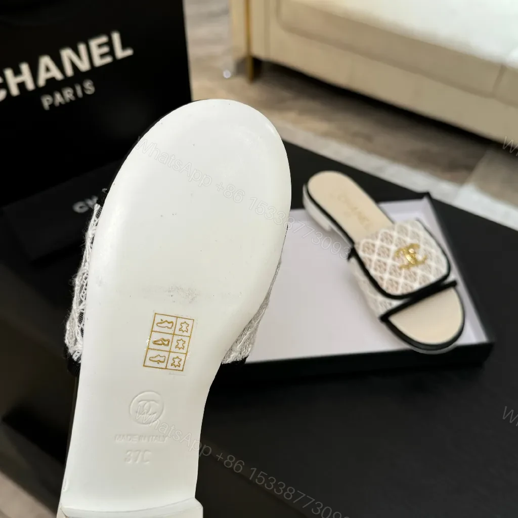View 8 of Lace-Textured Slide Sandals with Gold Emblem, Open-Toe, Luxury Style