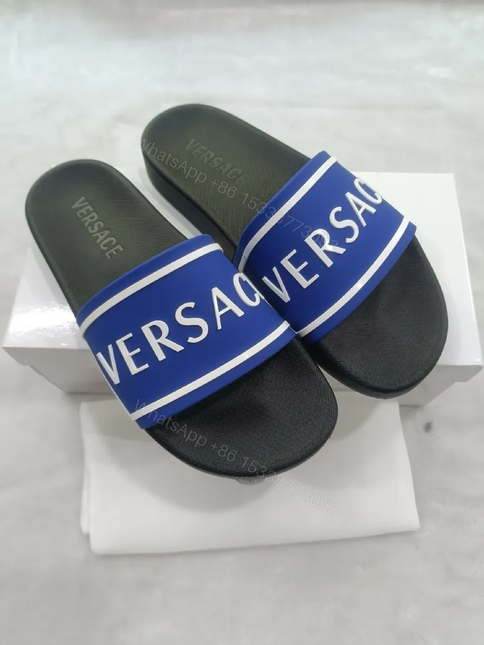View 4 of Bold Logo Stride Sliders: Blue-White Luxury Comfort Sandals