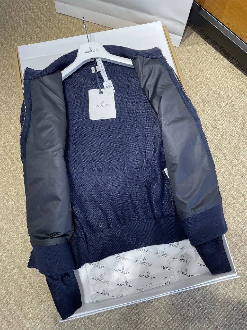 View 10 of Navy Suede-Texture Hybrid Jacket with Knit Sleeves