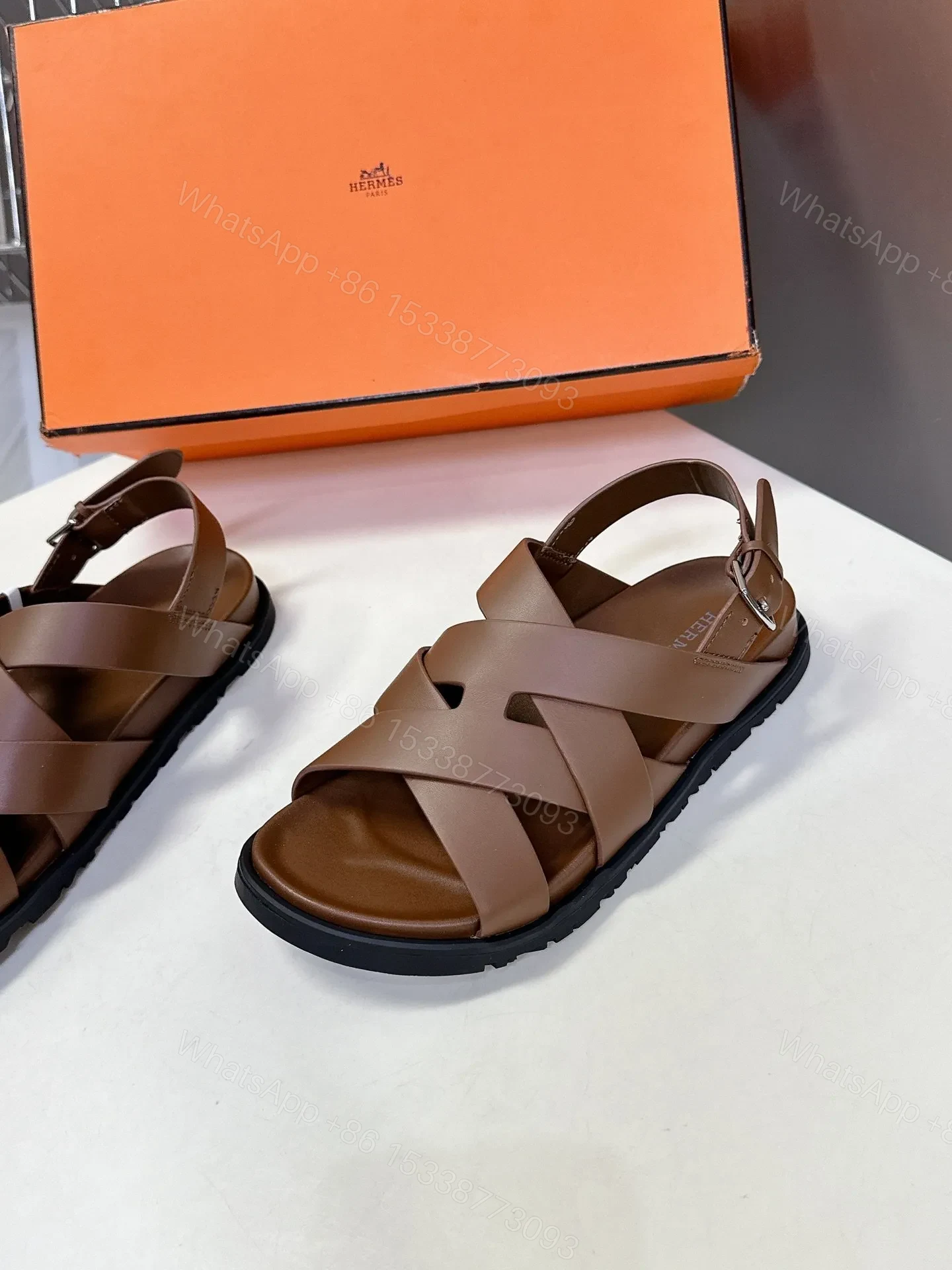 View 3 of Hermes Women Brown Leather Strappy Sandals