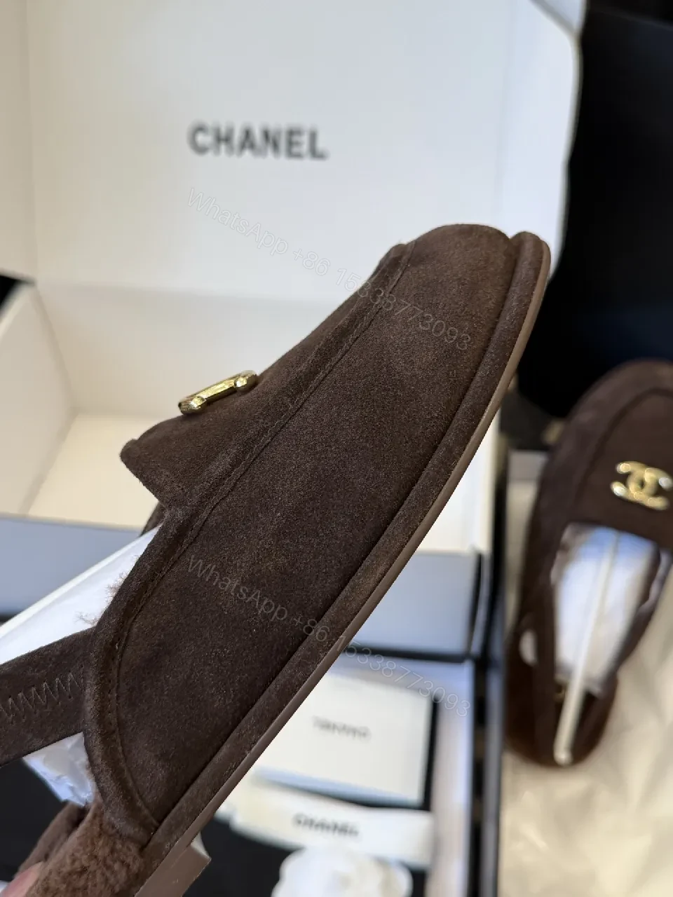 View 4 of Brown Suede Mule with Gold Logo Hardware – Slip-On Luxury Style