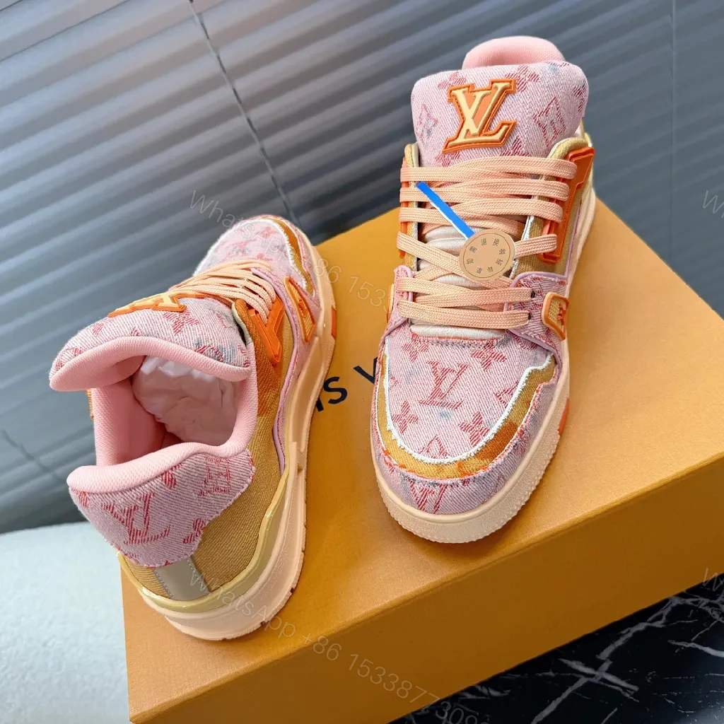 View 2 of Pink Canvas LV-Inspired High-Top Sneakers with Comfort Fit