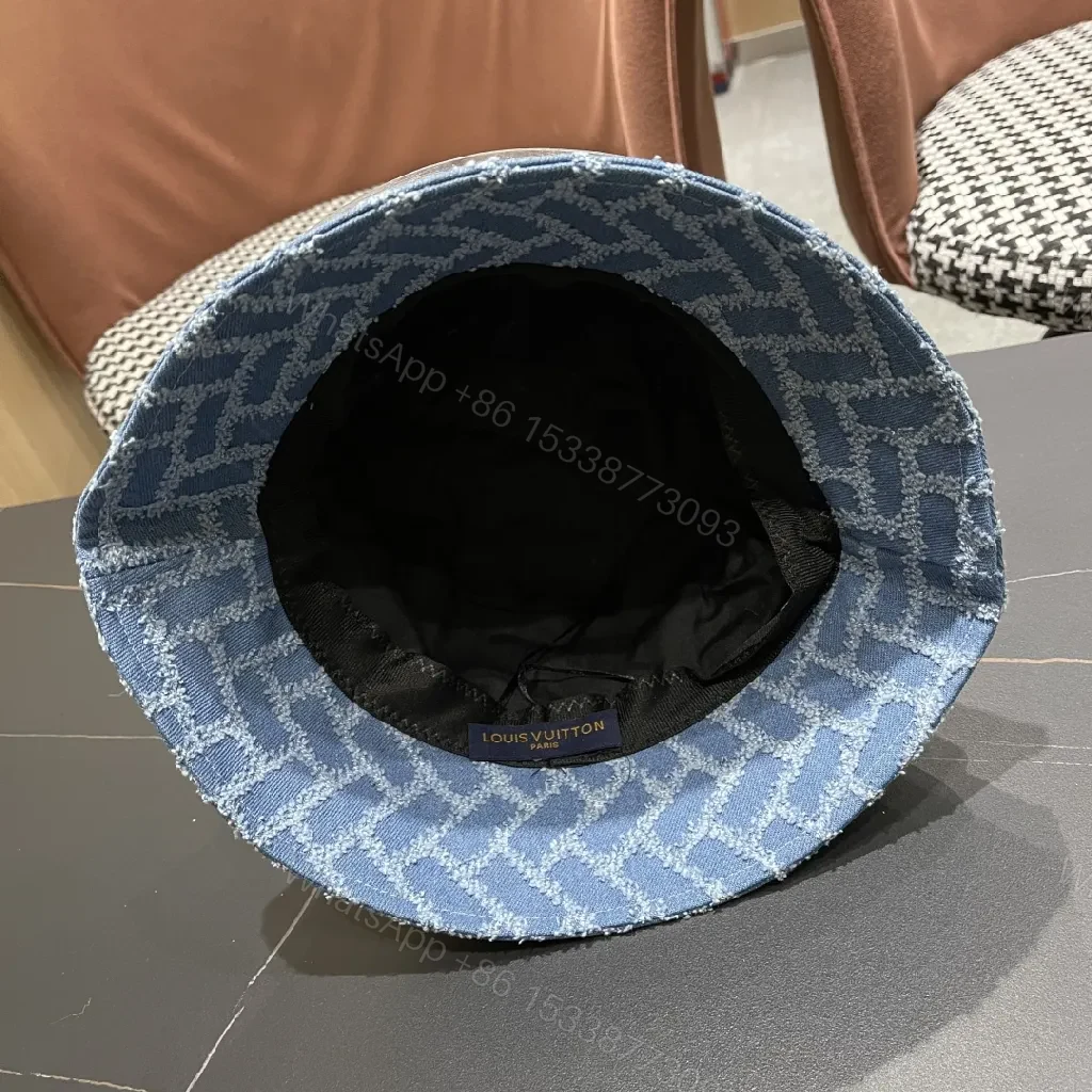 View 7 of Textured Denim Bucket Hat with LV Emblem