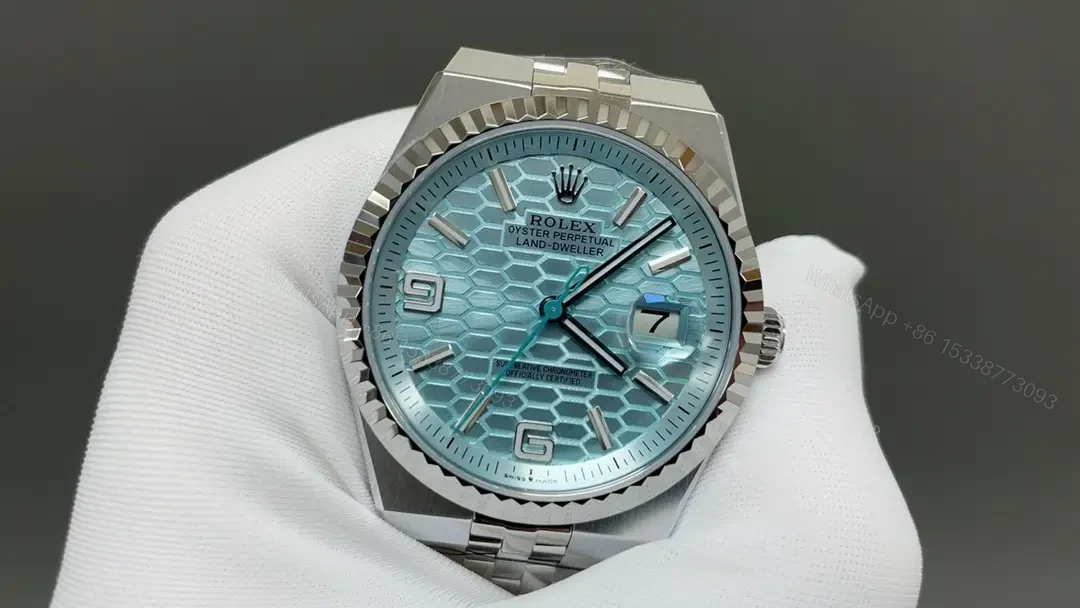 View 3 of Rolex Land-Dweller 40 Ice Blue Honeycomb replica 40MM Platinum Flat Jubilee Bracelet 127336-0001