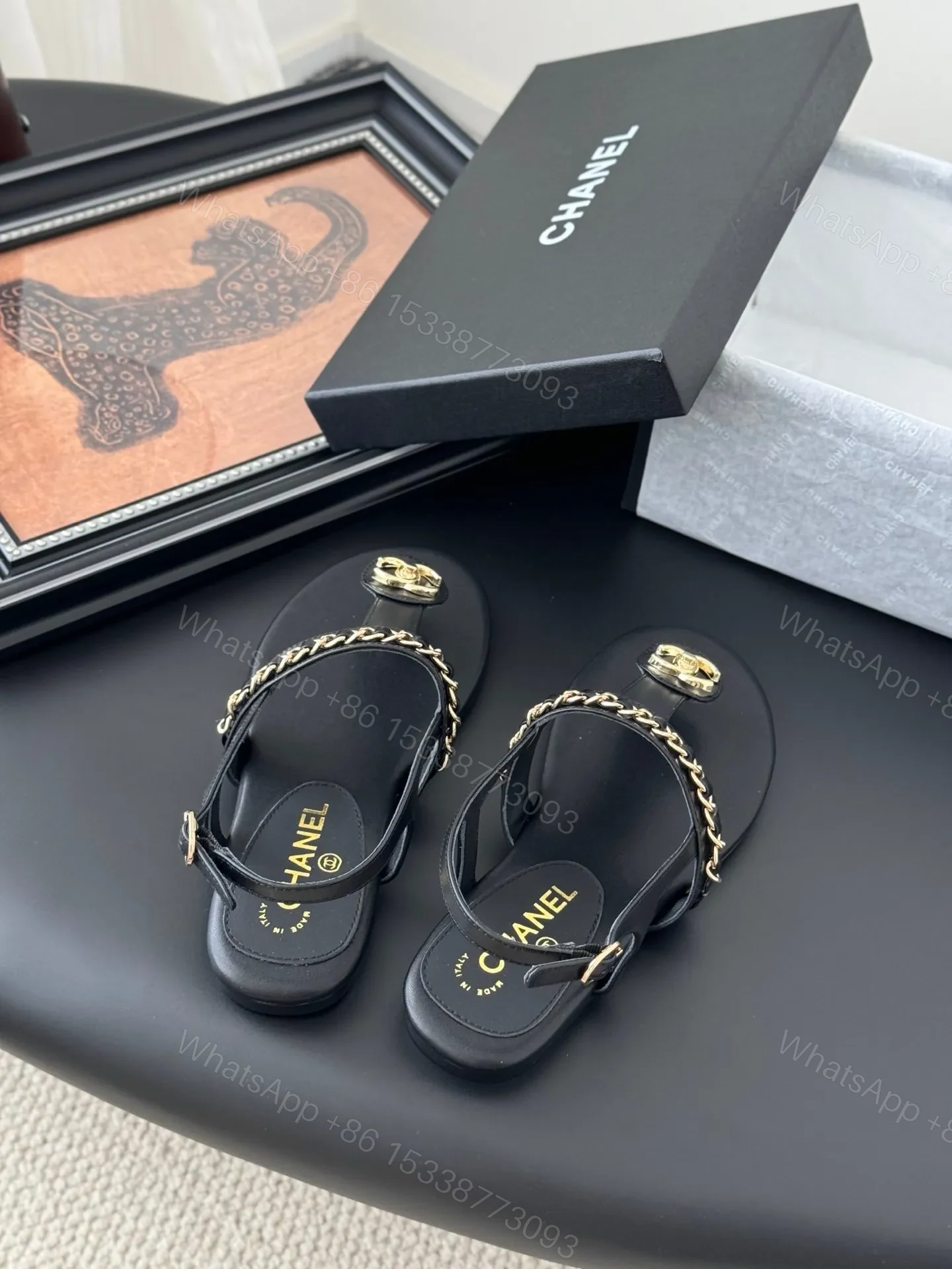 View 5 of Chanel Women Black Leather Chain Detail Sandals