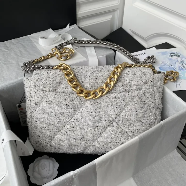 View 2 of Chanel-Influenced Tweed Bag with Dual-Gold/Silver Chain