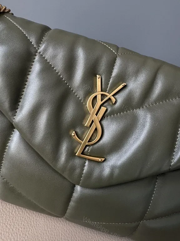 View 6 of Olive Quilted Leather Shoulder Bag with Gold YSL Logo