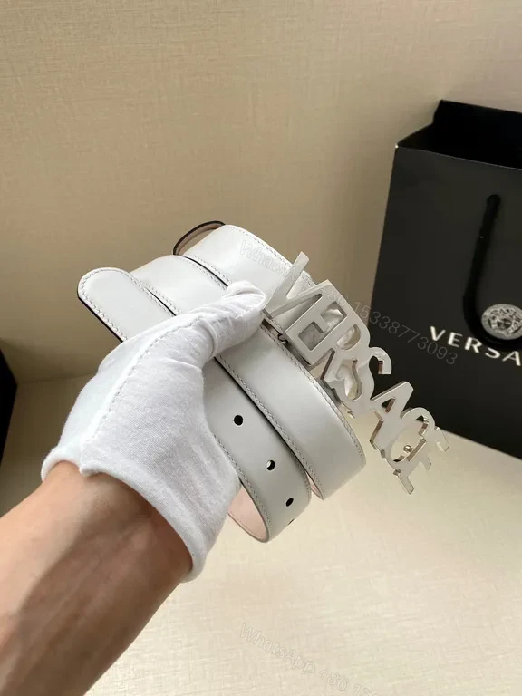 View 3 of Versace Belt: Pink-Lined Gray Leather with Oversized Logo Buckle