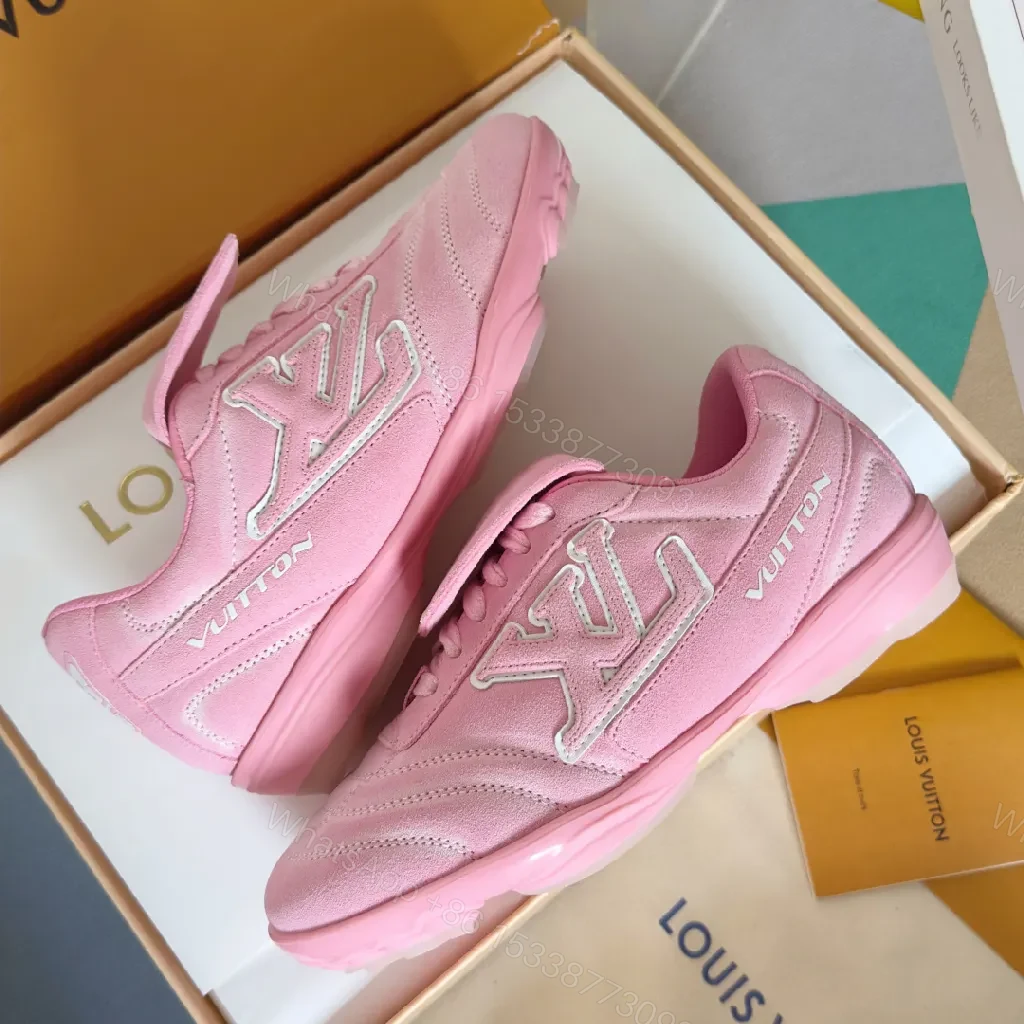 View 7 of Soft Pink Suede Luxe Sneakers with LV Detailing, High‐Top Comfort