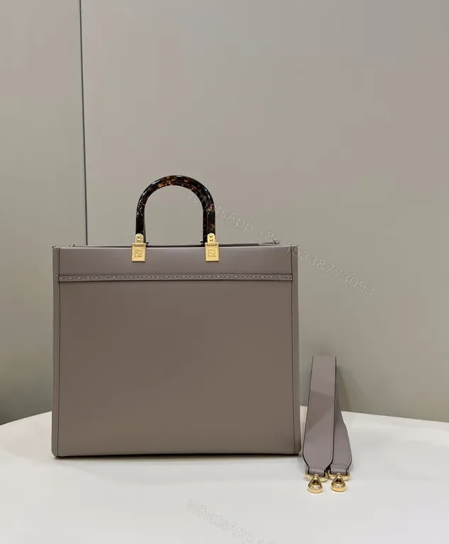 View 7 of Taupe Leather Tote: Fendi ROMA Bold Logo, Structured Style