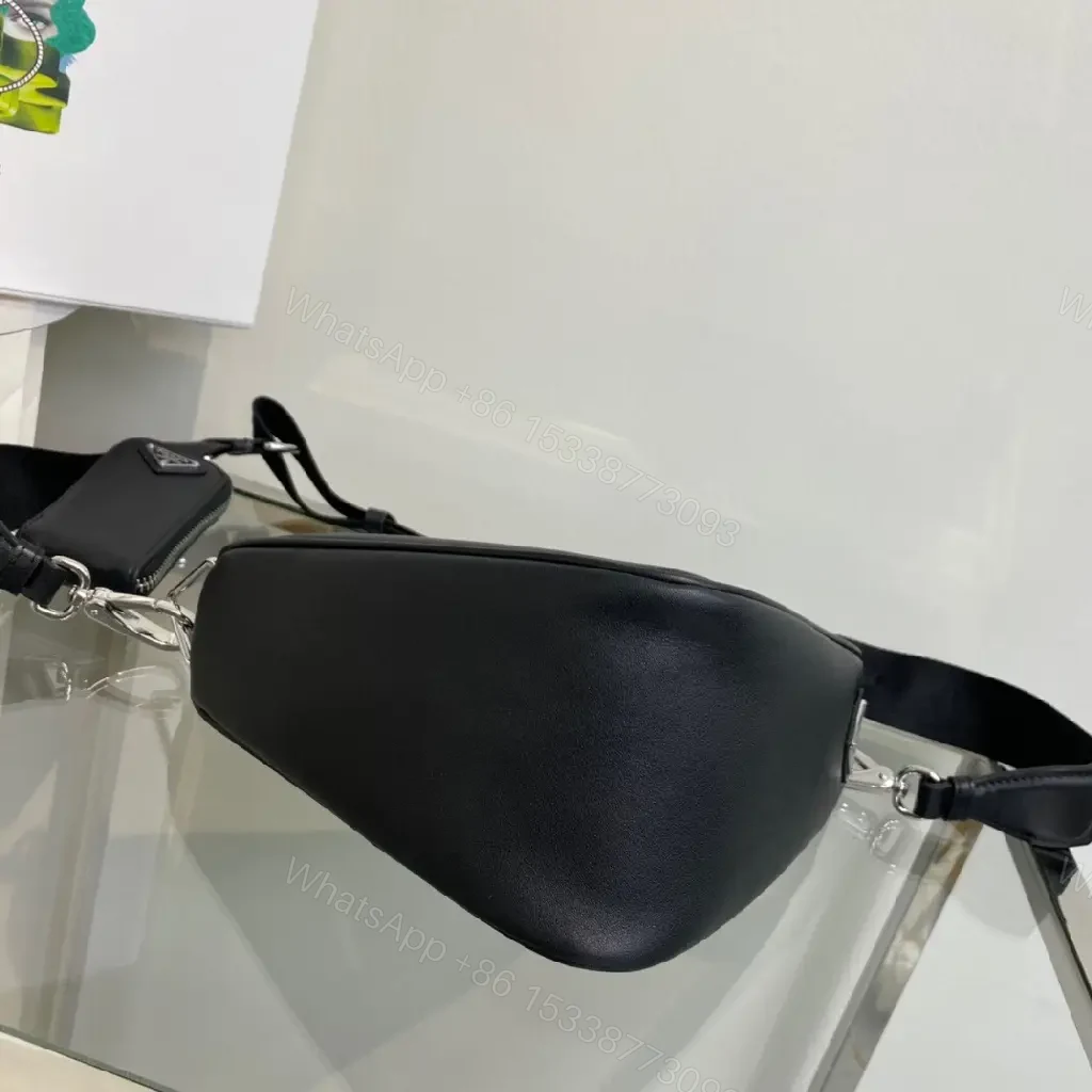 View 5 of Triangular Black Leather Belt Bag — Modern Minimalist Luxury Perforated Edge