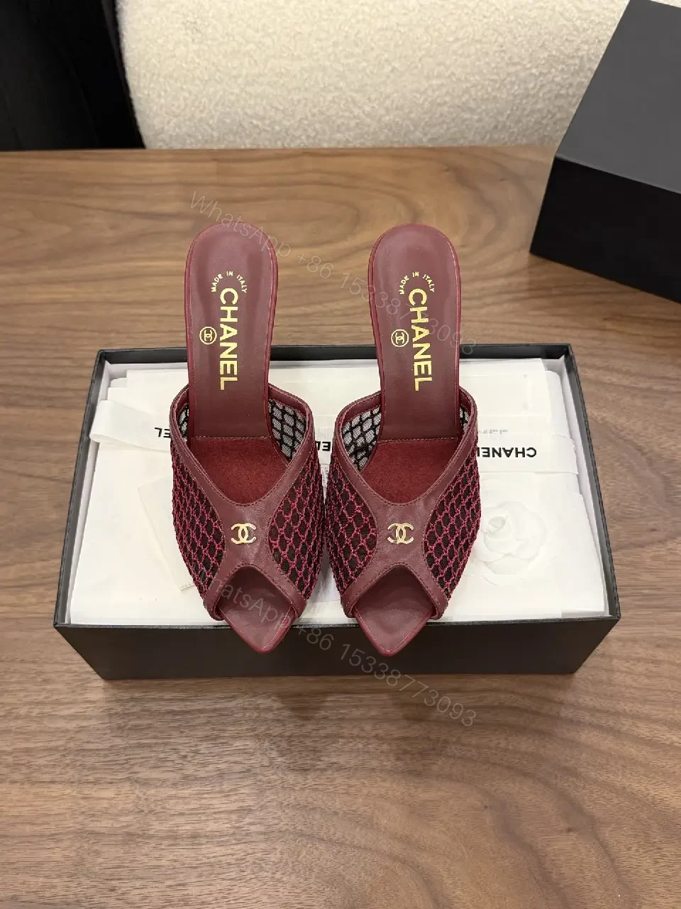 View 3 of Red Leather Mesh Heel Sandals Classic Chanel Style Mid Heel Sandal