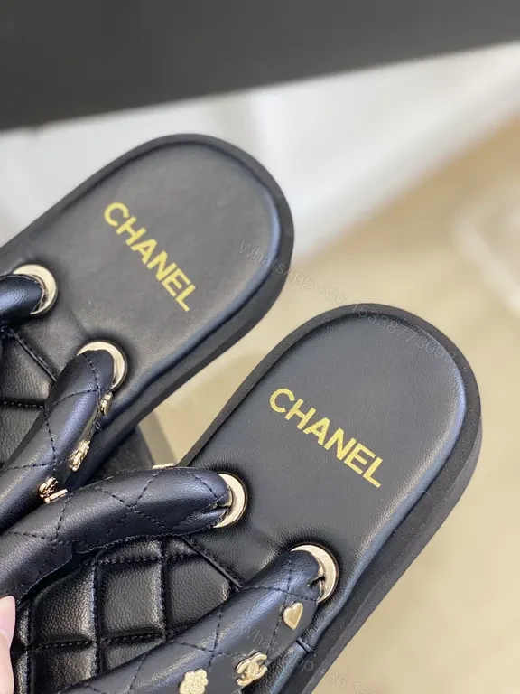 View 4 of Quilted Leather Chanel-Style Slides with Gold Logo Accents