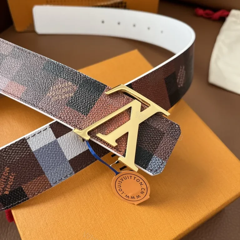 View 9 of Statement Pattern Leather Belt with LV Buckle - Luxury Brown/Black Belt