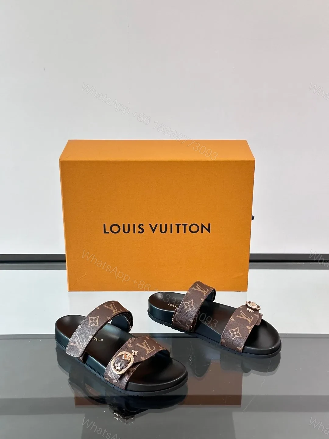 View 5 of LV Men Brown Leather Logo Print Sandals