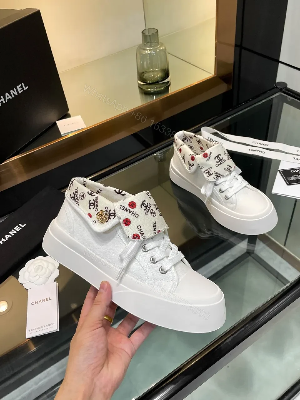 View 2 of White + Leather + High-Top + Signature Cuff Print + Sneakers