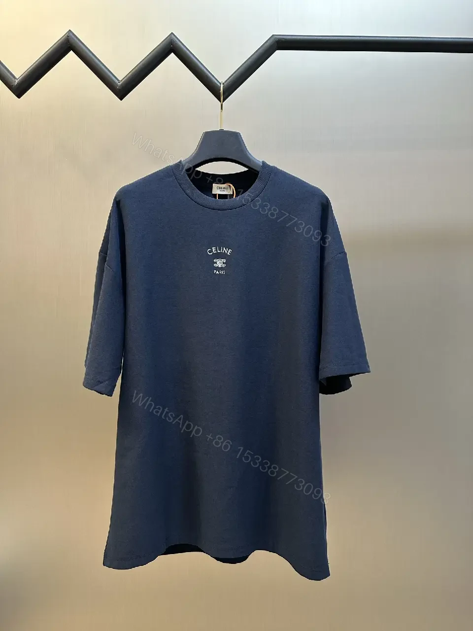View 4 of Blue Cotton Oversized Tee with CELINE Logo