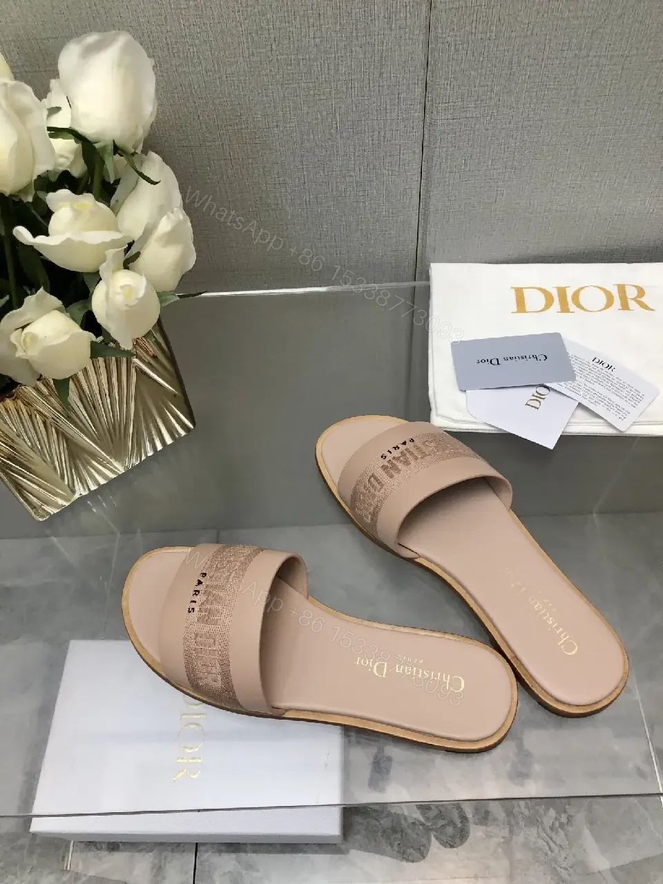 View 5 of Pink Beige Leather Slide Sandals with Dior Band - Paris Theme