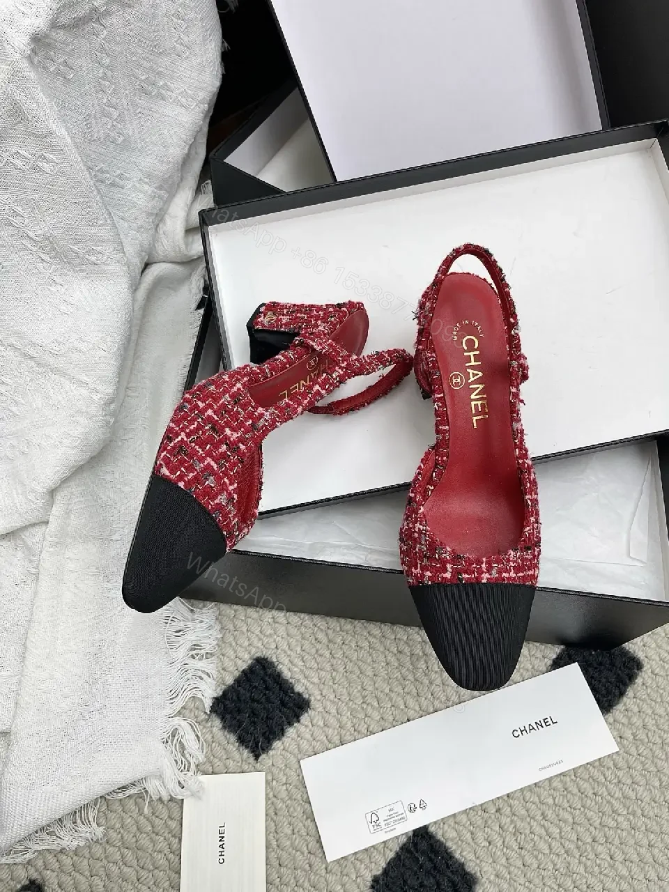 View 10 of Red & Black Tweed Slingback Heels with Luxury Details