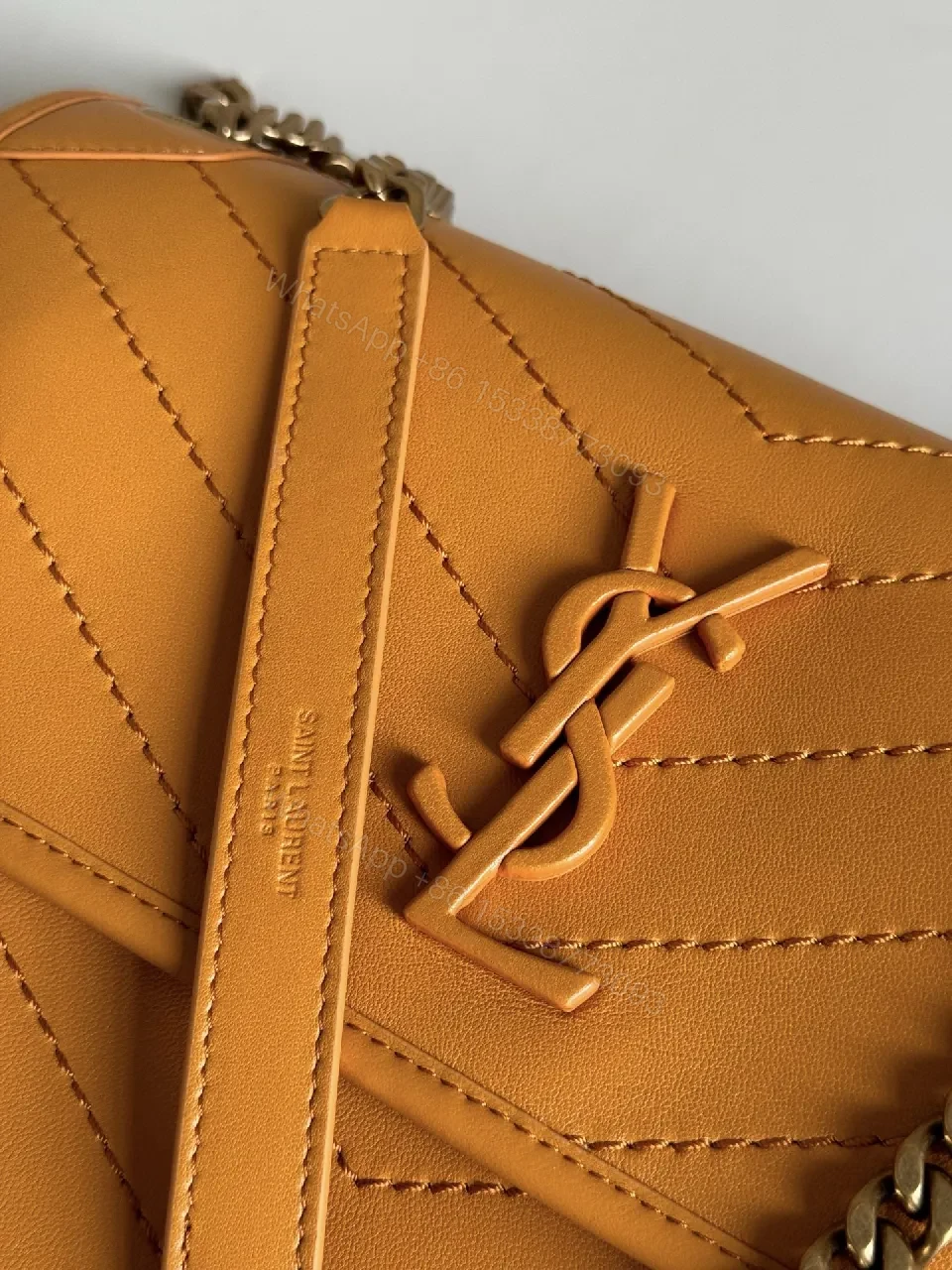 View 7 of Mustard Quilted Leather Crossbody with Chain Strap