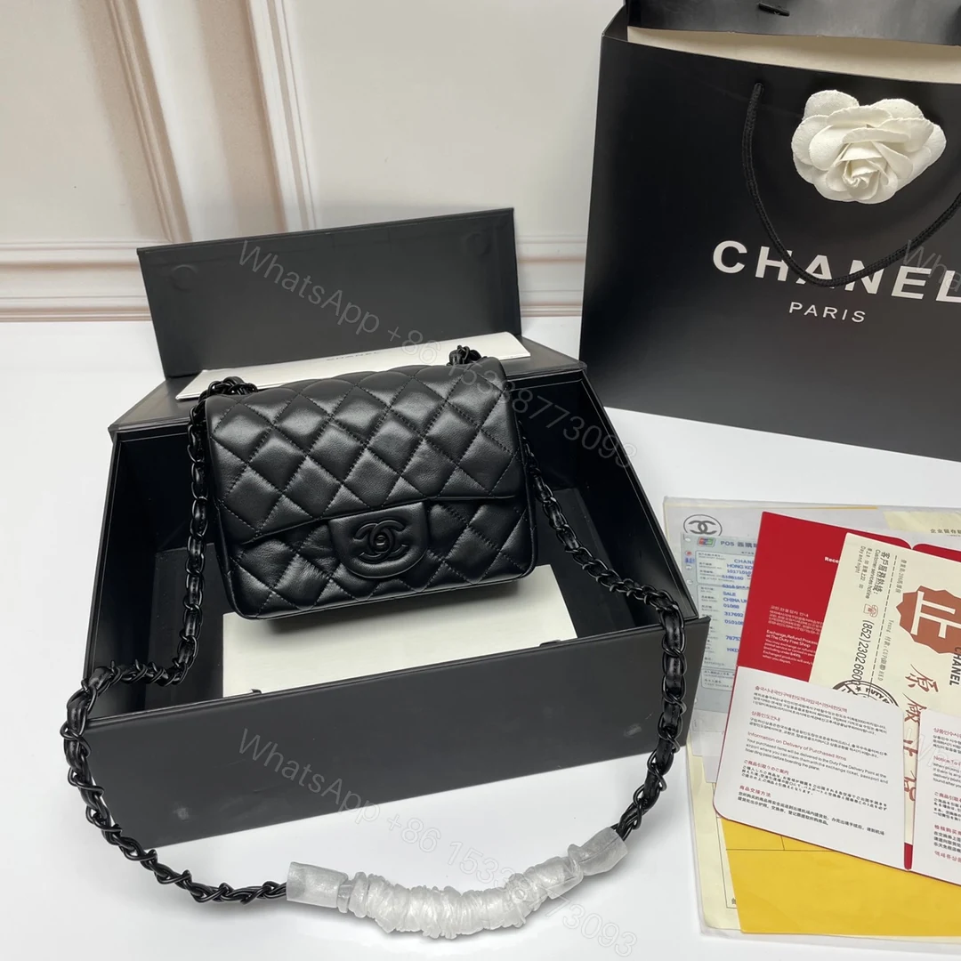 CHANEL 高仿全黑鏈條迷你翻蓋包 黑色小羊皮肩背斜背包 — view 1