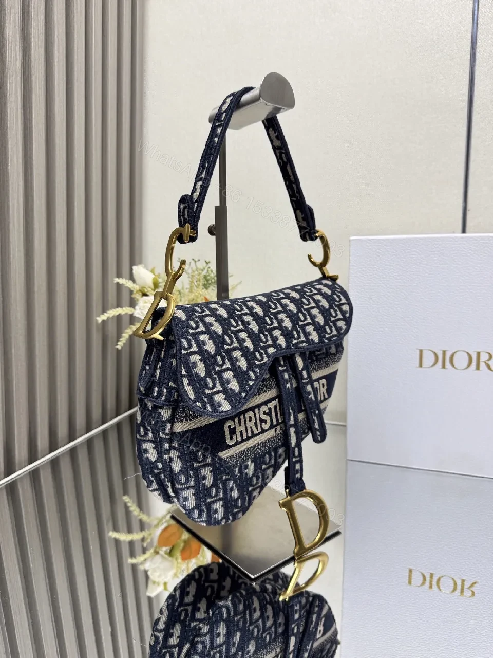 View 7 of Patterned Monogram Crossbody Bag - Navy, Luxe Fabric, Structured, Versatile Carryall