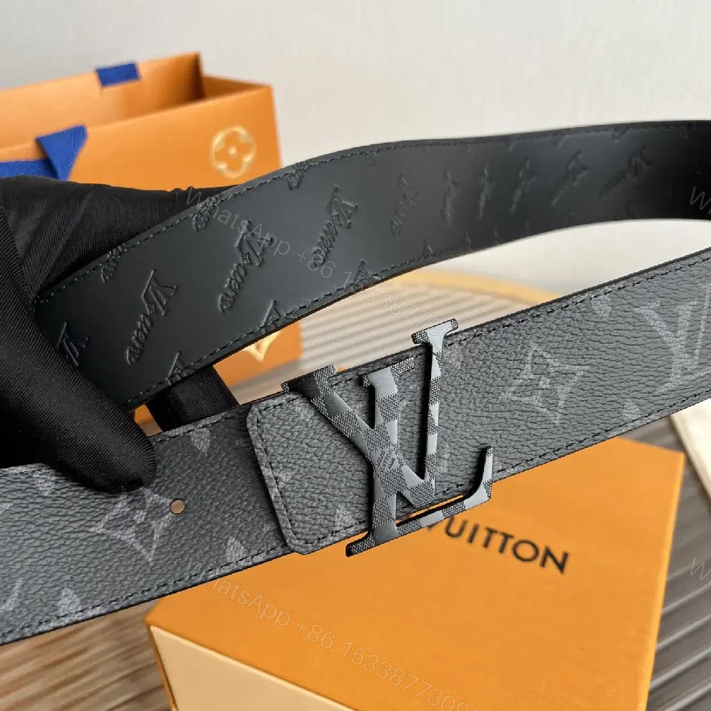 View 4 of Black Leather Belt Modern Slick LV Monogram Buckle Belt
