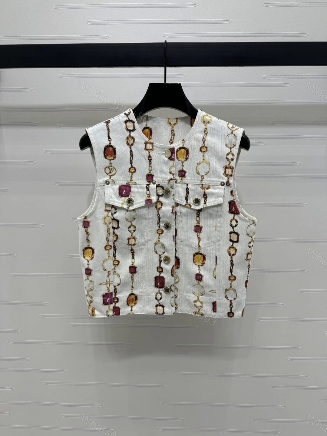 LV精品仿製女士馬甲背心白色寶石鏈條印花設計感單品 — view 1