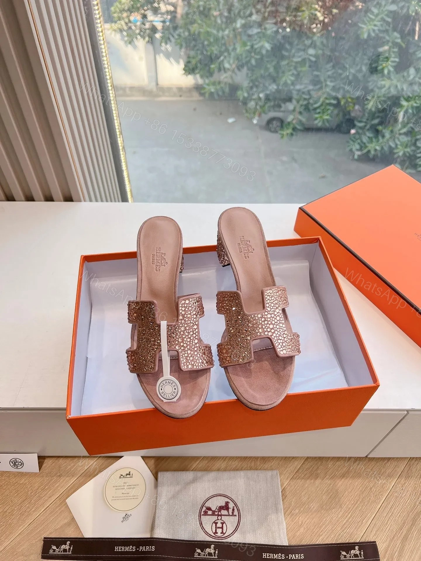 View 3 of Hermes Women Pink Suede Crystal-Embellished Mules