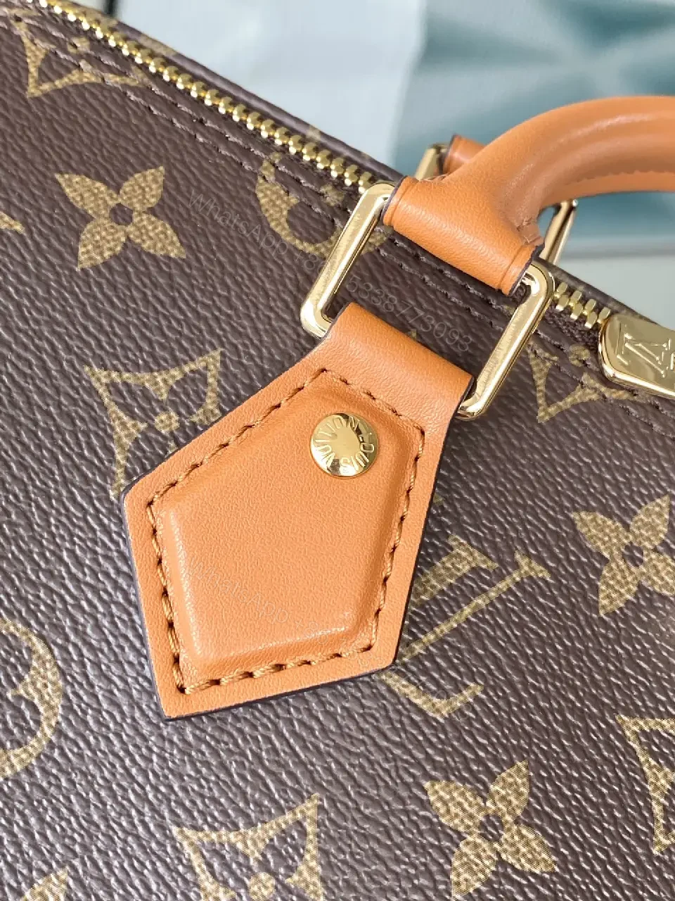 View 10 of Brown Monogram Canvas Satchel with Tan Leather Trim, Structured Style, Gold Hardware, Top Handles