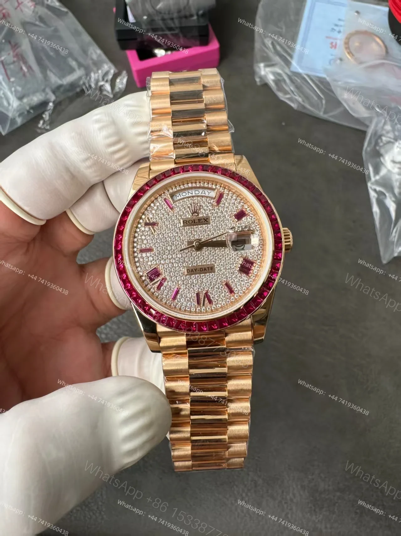 View 21 of Rolex Day-Date 228398TRU 1:1 Custom Edition Ruby & Moissanite Diamond Dial and Bezel 40MM 3255 Movement Super Clone Watch