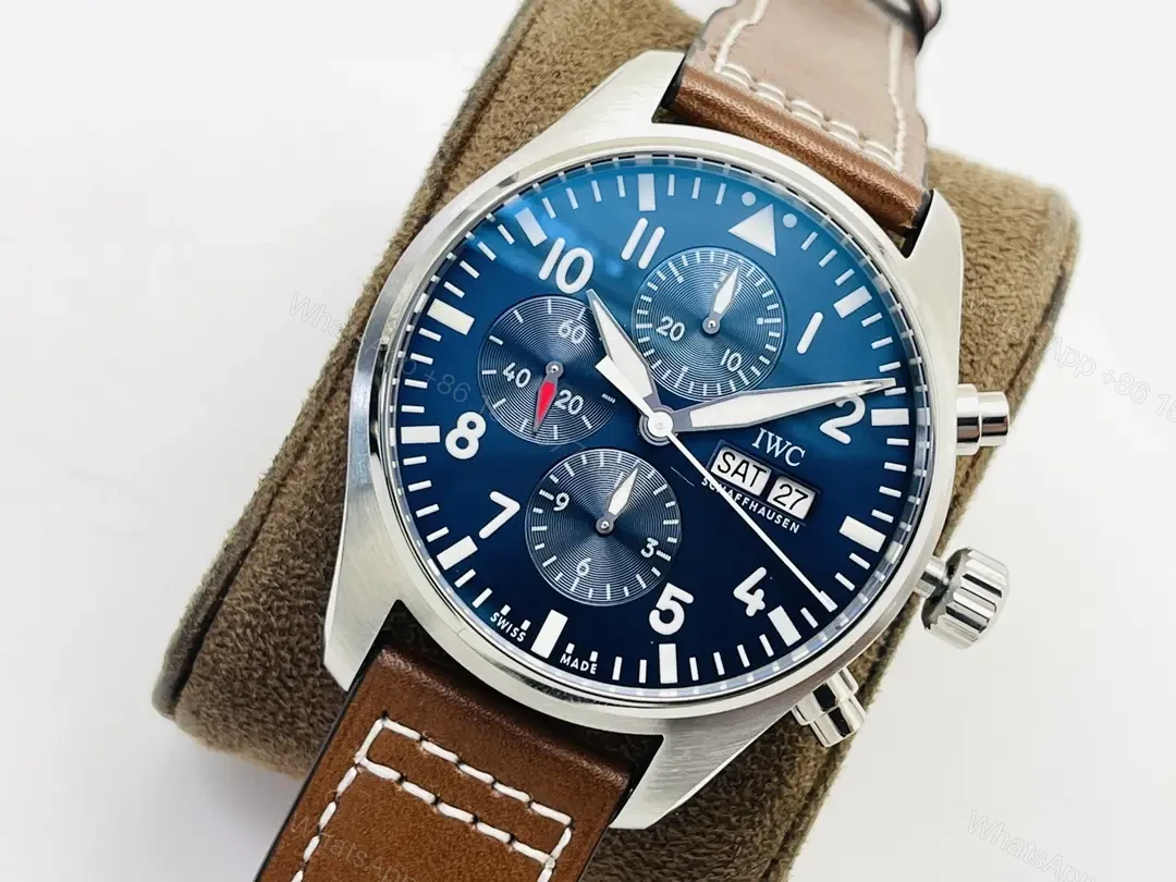 View 3 of IWC Blue Brown Pilot Chronograph Blue Dial Leather Strap Ultimate 43MM IWC-PILOT-CHR-BLU43-L